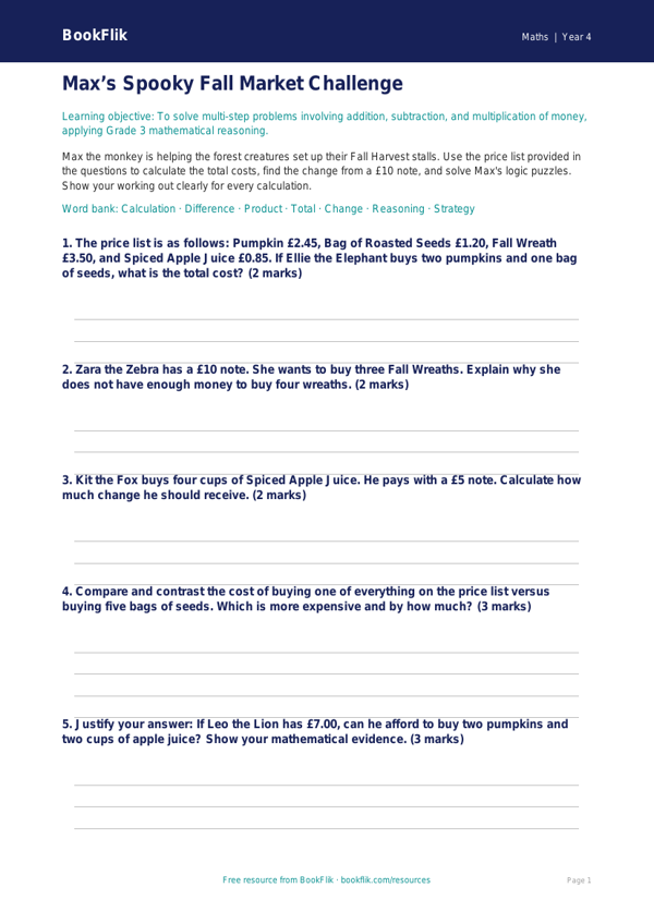 Free Halloween Maths Activity Sheet | Grade 3 | Math | BookFlik worksheet preview — Maths Halloween Maths