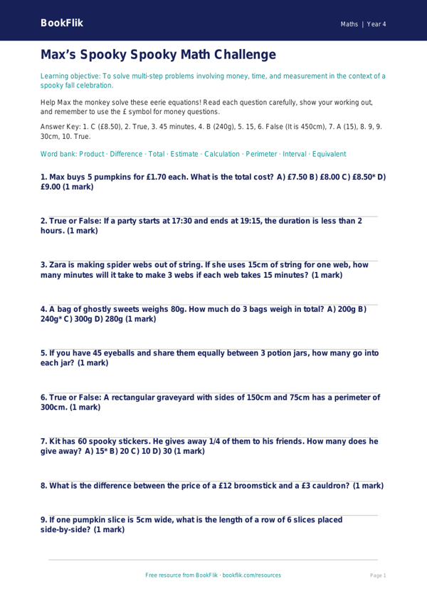 Free Halloween Maths Quiz | Grade 3 | Math | BookFlik worksheet preview — Maths Halloween Maths