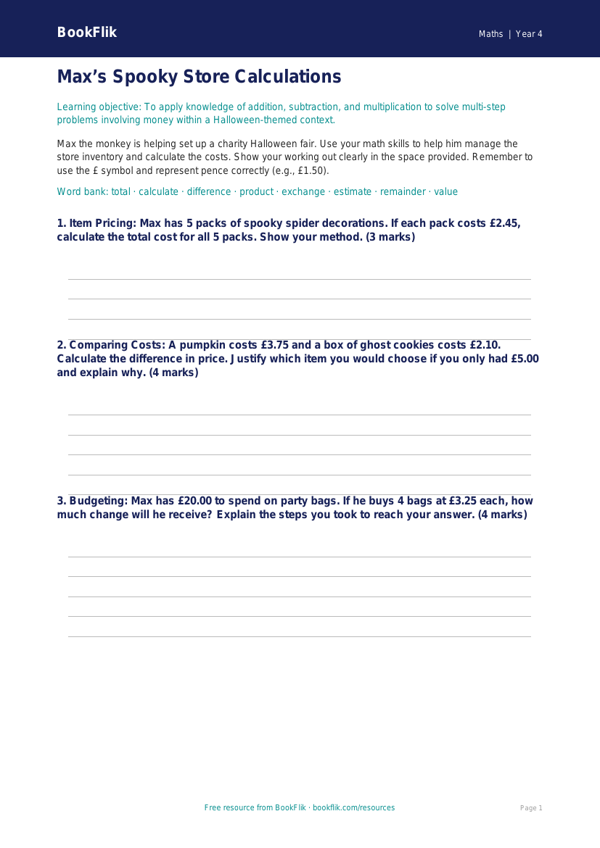 Free Halloween Maths Template | Grade 3 | Math | BookFlik worksheet preview — Maths Halloween Maths