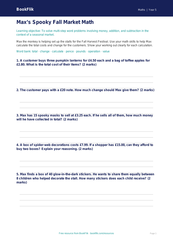 Free Halloween Maths Activity Sheet | Grade 4 | Math | BookFlik worksheet preview — Maths Halloween Maths