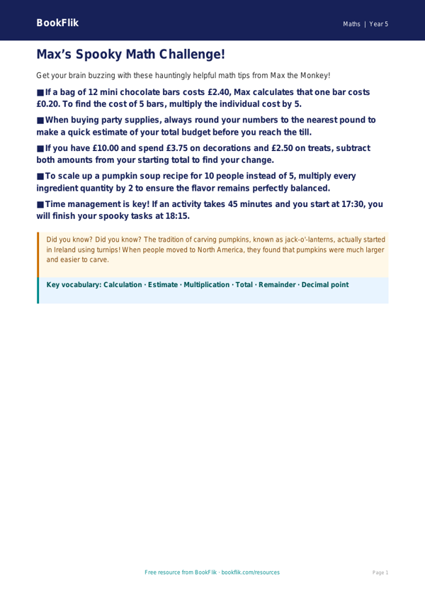 Free Halloween Maths Poster | Grade 4 | Math | BookFlik worksheet preview — Maths Halloween Maths