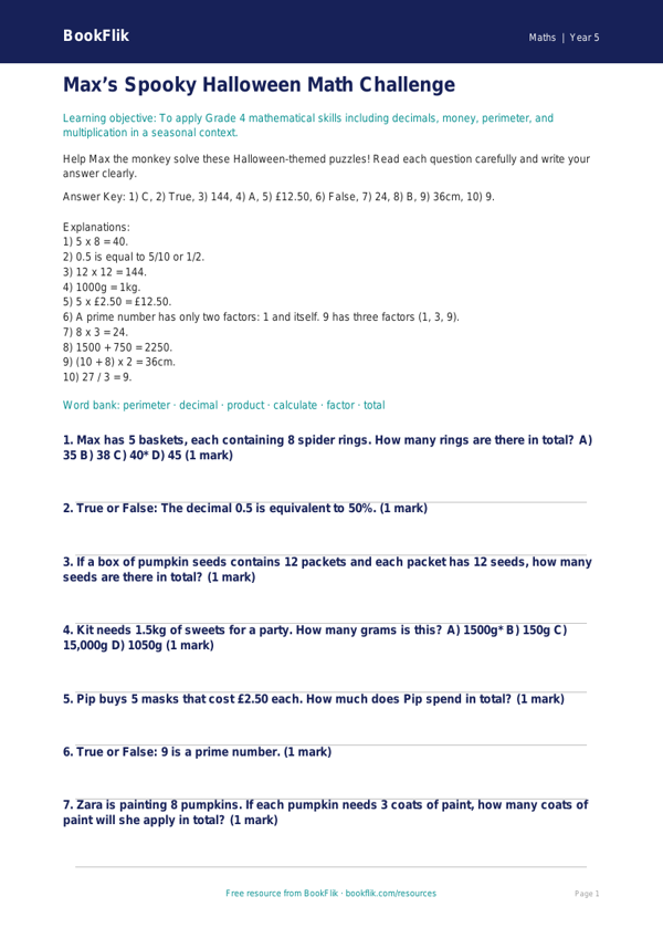 Free Halloween Maths Quiz | Grade 4 | Math | BookFlik worksheet preview — Maths Halloween Maths