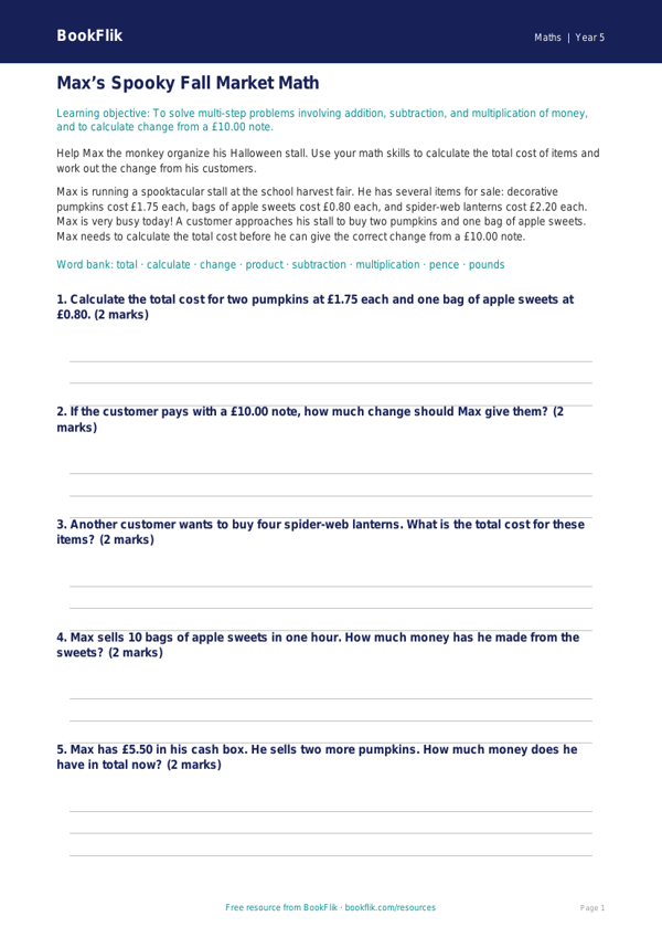 Free Halloween Maths Track Sheet | Grade 4 | Math | BookFlik worksheet preview — Maths Halloween Maths