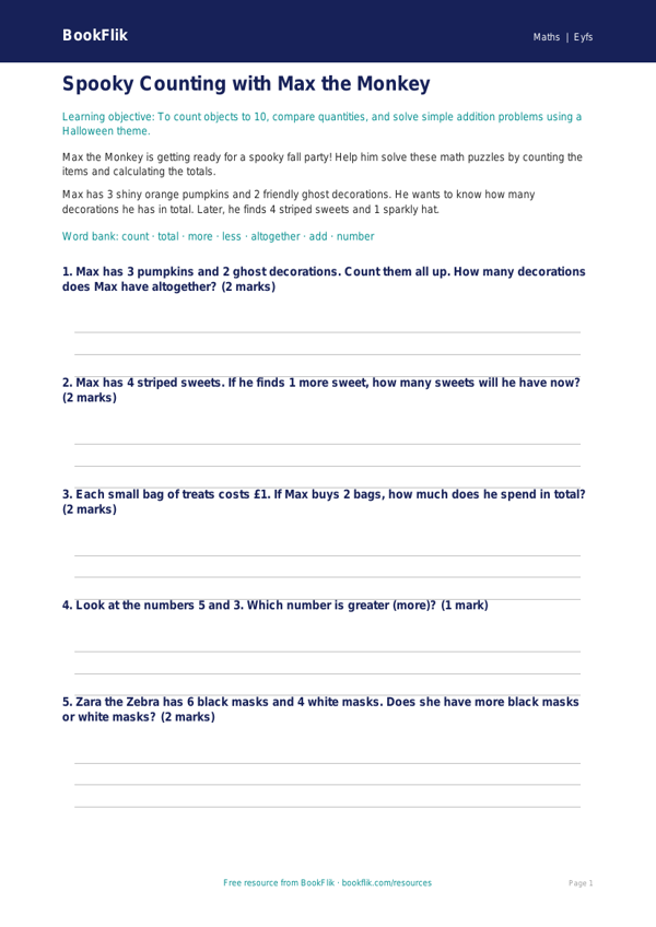 Free Halloween Maths Worksheet | Pre-K | Math | BookFlik worksheet preview — Maths Halloween Maths