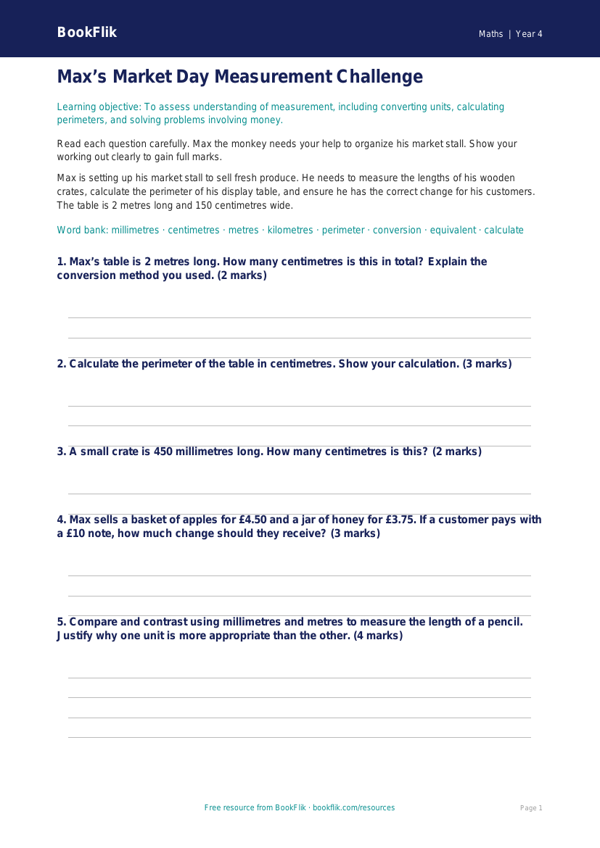 Free Measurement Assessment | Grade 3 | Math | BookFlik worksheet preview — Maths Measurement