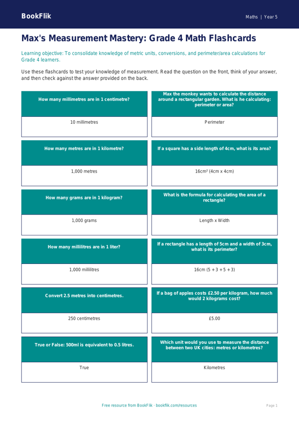 Free Measurement Flashcards | Grade 4 | Math | BookFlik worksheet preview — Maths Measurement