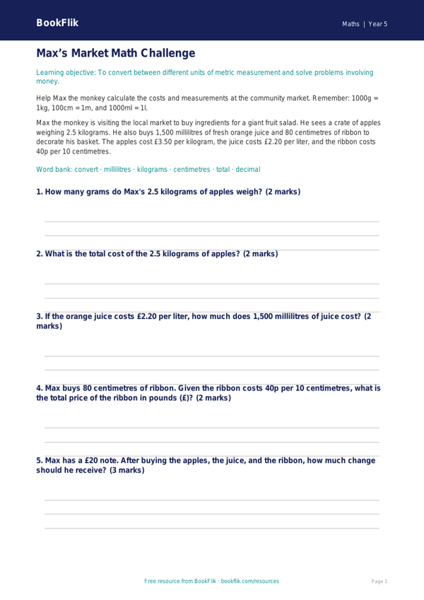 Free Measurement Track Sheet | Grade 4 | Math | BookFlik worksheet preview — Maths Measurement