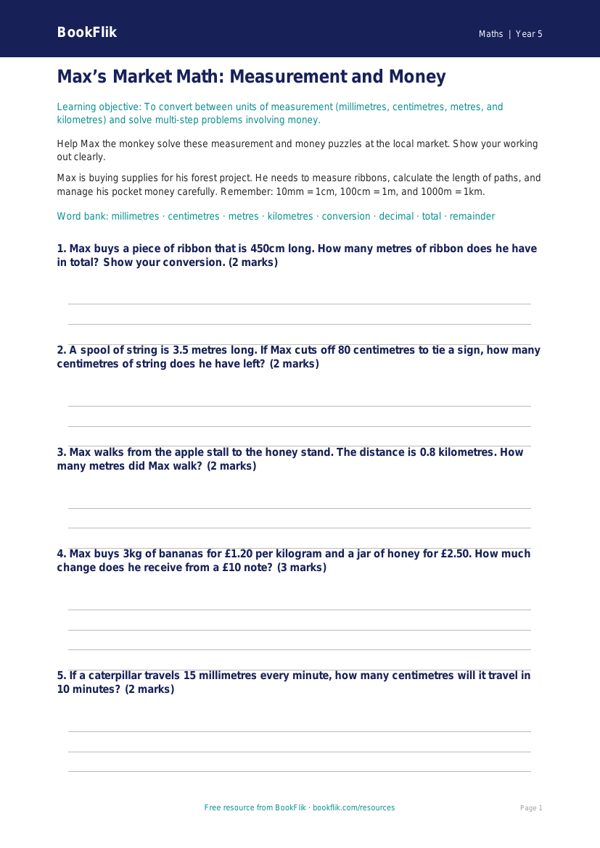 Free Measurement Worksheet | Grade 4 | Math | BookFlik worksheet preview — Maths Measurement