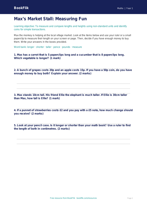 Free Measurement Activity Sheet | Kindergarten | Math | BookFlik worksheet preview — Maths Measurement