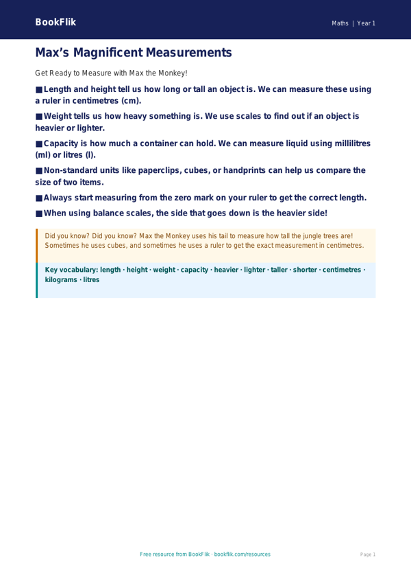 Free Measurement Poster | Kindergarten | Math | BookFlik worksheet preview — Maths Measurement