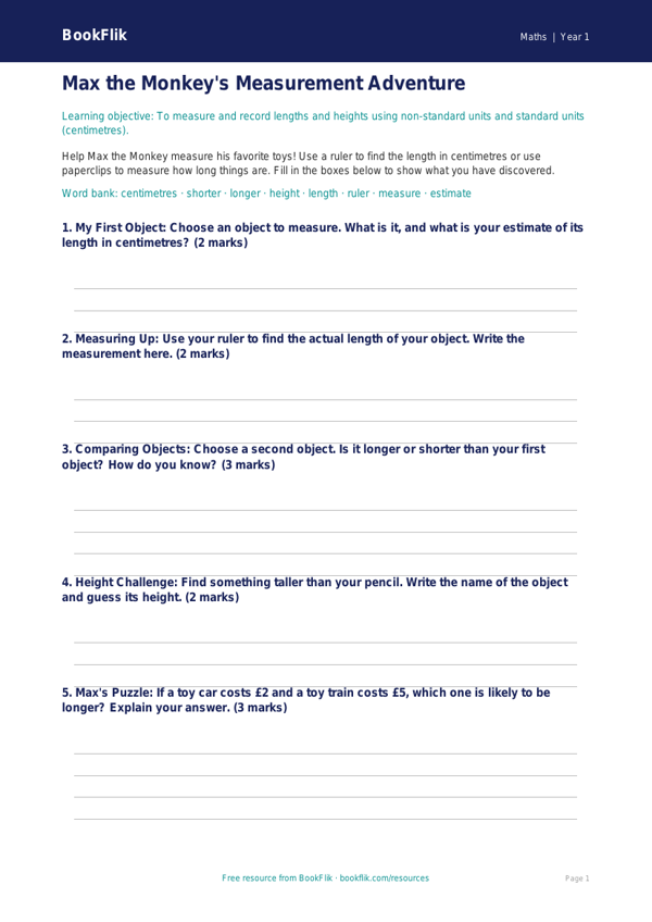 Free Measurement Template | Kindergarten | Math | BookFlik worksheet preview — Maths Measurement
