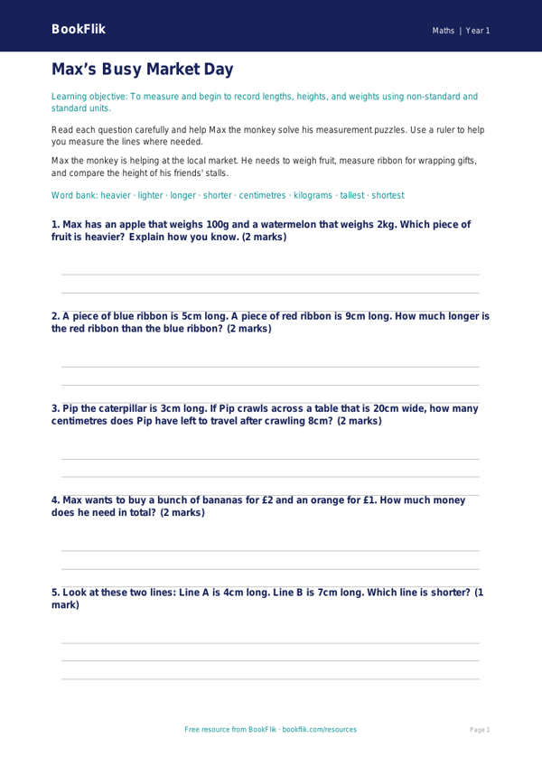 Free Measurement Worksheet | Kindergarten | Math | BookFlik worksheet preview — Maths Measurement
