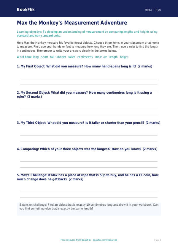 Free Measurement Template | Pre-K Math | BookFlik worksheet preview — Maths Measurement
