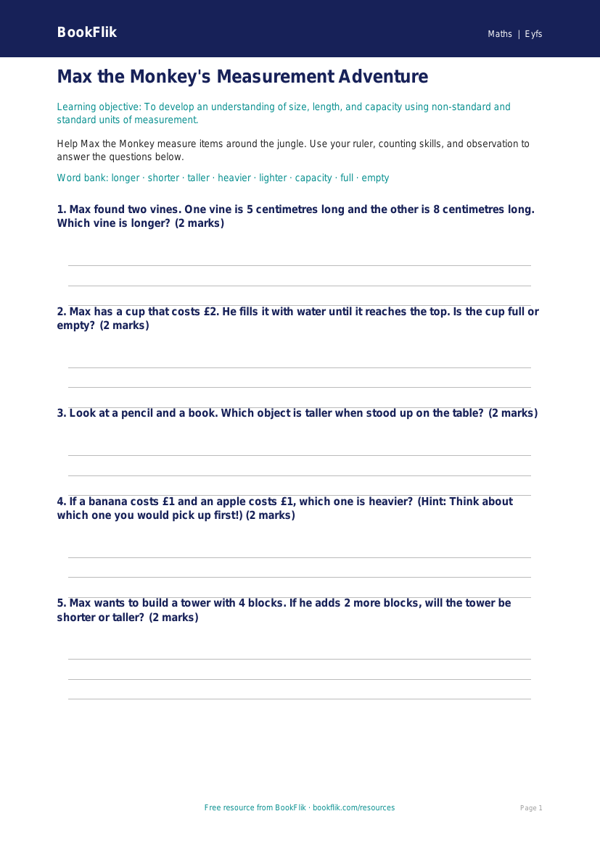Free Measurement Worksheet | Pre-K | Math | BookFlik worksheet preview — Maths Measurement
