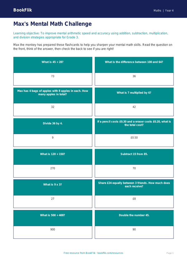 Free Mental Maths Flashcards | Grade 3 | Math | BookFlik worksheet preview — Maths Mental Maths