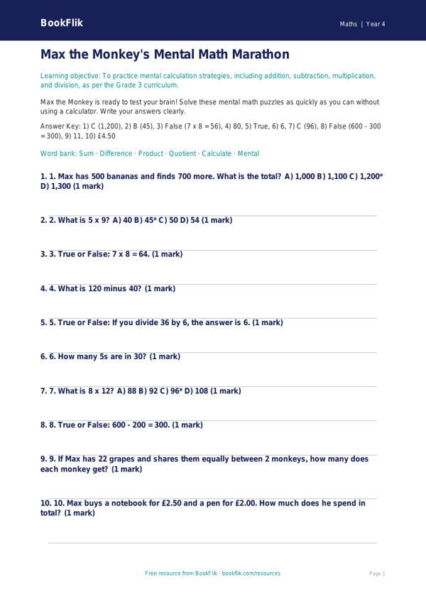 Free Mental Maths Quiz | Grade 3 | Math | BookFlik worksheet preview — Maths Mental Maths