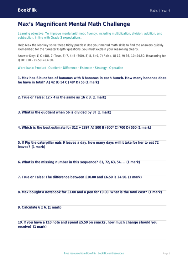 Free Mental Maths Quiz | Grade 3 | Math | BookFlik worksheet preview — Maths Mental Maths