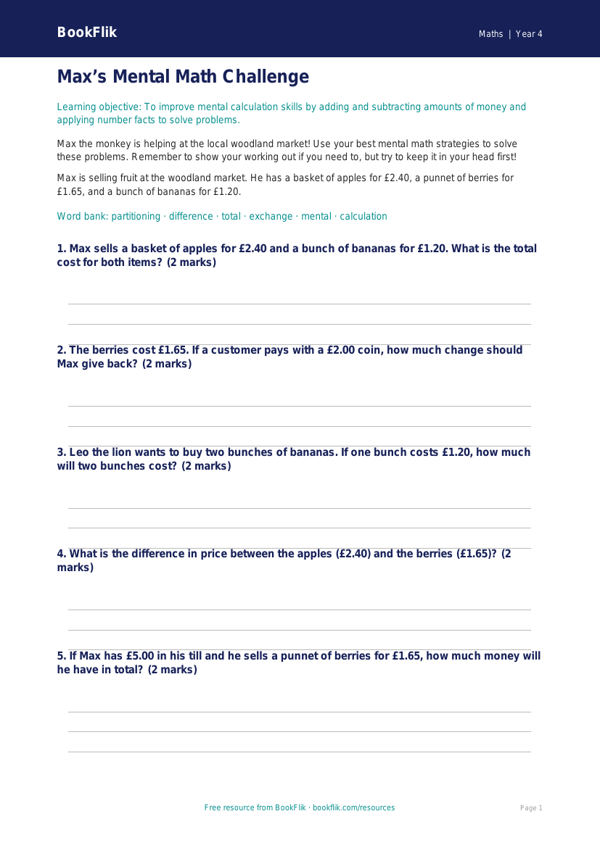 Free Mental Maths Worksheet | Grade 3 | Math | BookFlik worksheet preview — Maths Mental Maths