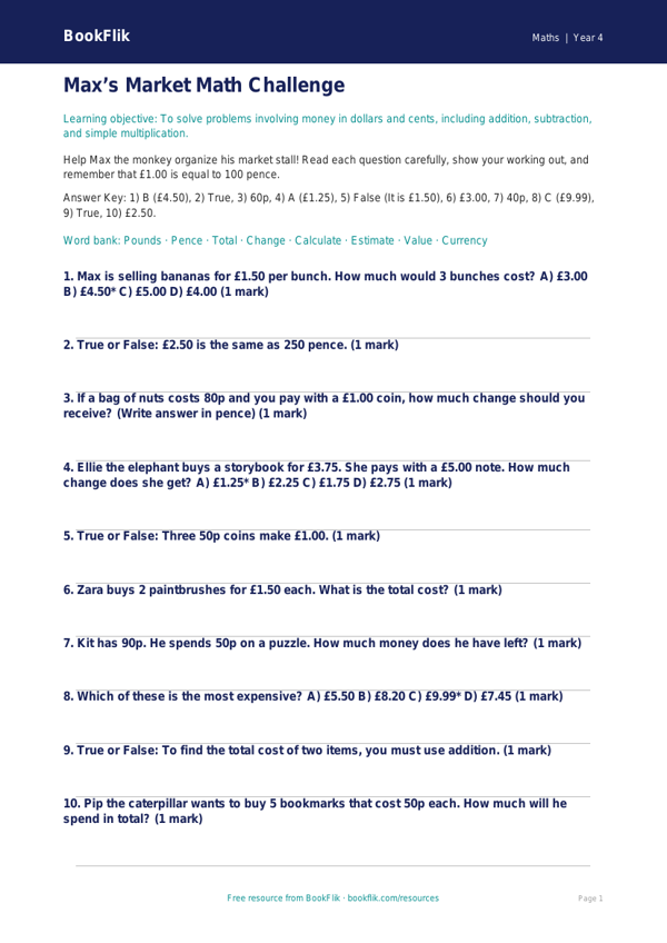 Free Money Quiz | Grade 3 | Math | BookFlik worksheet preview — Maths Money