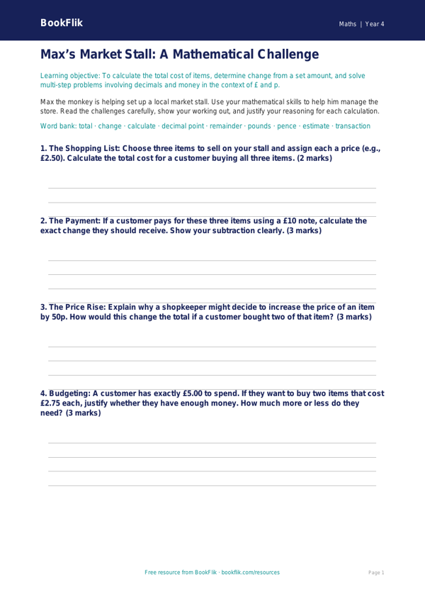 Math money template grade 3 greater depth worksheet preview — Maths Money
