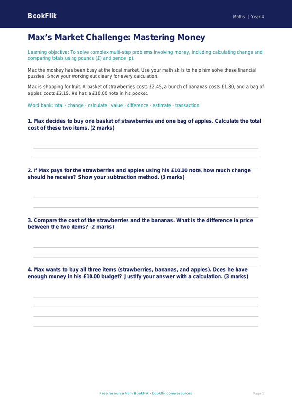 Math money worksheet grade 3 greater depth worksheet preview — Maths Money