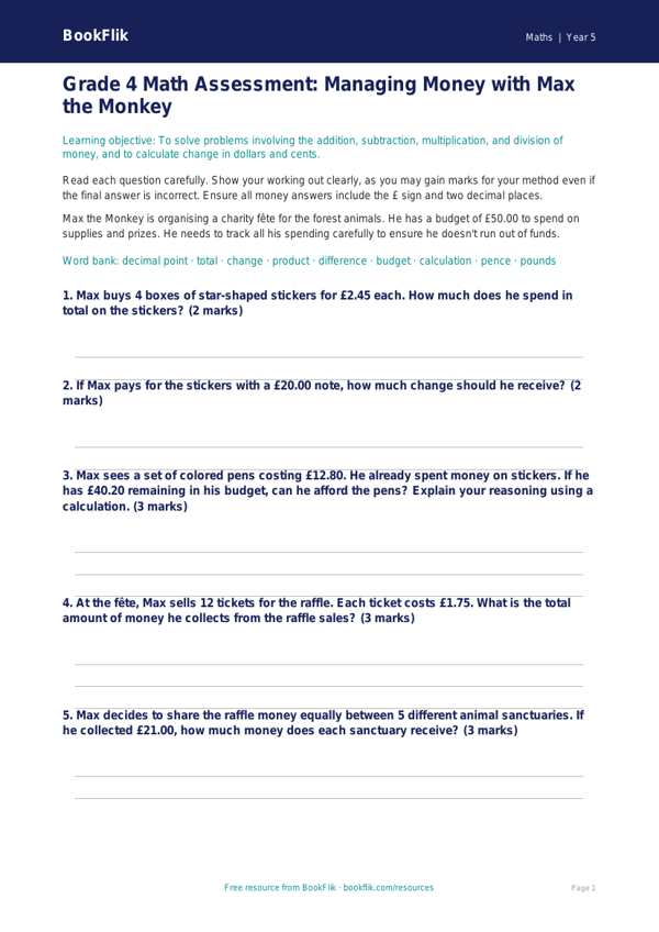 Free Money Assessment | Grade 4 | Math | BookFlik worksheet preview — Maths Money