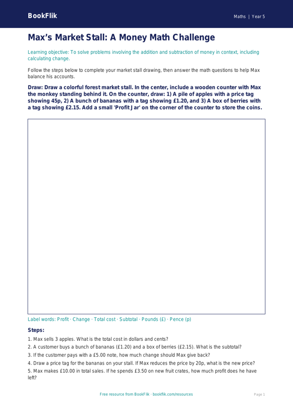 Free Money Drawing Sheet | Grade 4 | Math | BookFlik worksheet preview — Maths Money