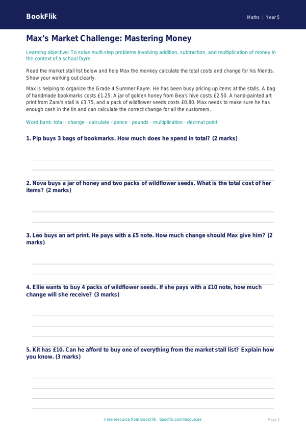Free Money Track Sheet | Grade 4 | Math | BookFlik worksheet preview — Maths Money