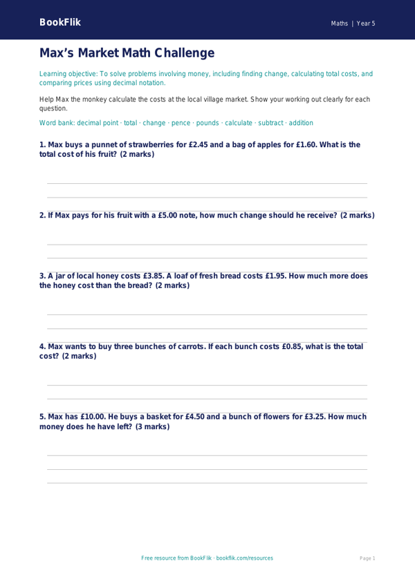 Free Money Worksheet | Grade 4 | Math | BookFlik worksheet preview — Maths Money