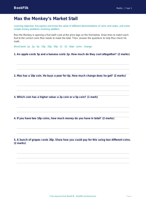 Free Money Activity Sheet | Kindergarten | Math | BookFlik worksheet preview — Maths Money