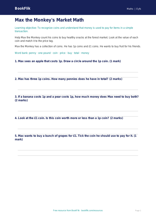 Free Money Worksheet | Pre-K | Math | BookFlik worksheet preview — Maths Money
