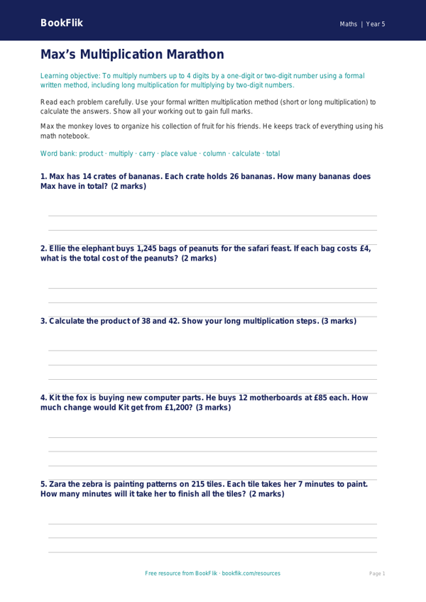 Free Multiplication Worksheet | Grade 4 | Math | BookFlik worksheet preview — Maths Multiplication