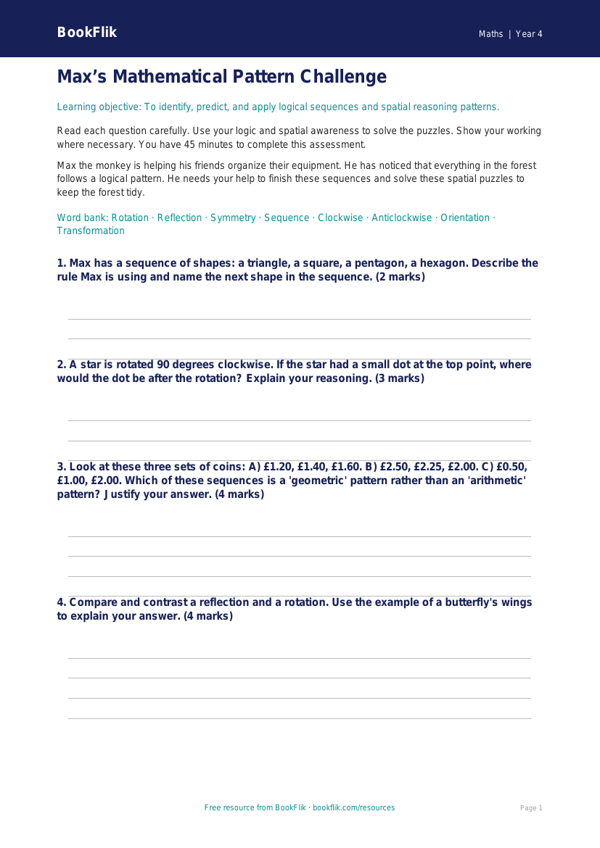 Non Verbal Reasoning Assessment for Grade 3 | Math Challenges | BookFlik worksheet preview โ Maths Non Verbal Reasoning