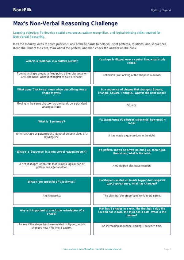 Free Non Verbal Reasoning Flashcards | Grade 3 | Math | BookFlik worksheet preview — Maths Non Verbal Reasoning