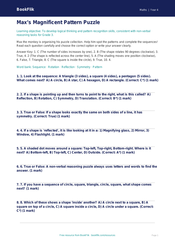 Free Non Verbal Reasoning Quiz | Grade 3 | Math | BookFlik worksheet preview — Maths Non Verbal Reasoning