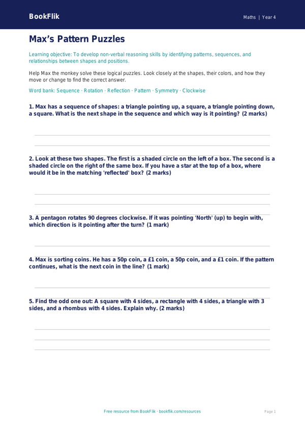 Free Non-Verbal Reasoning Worksheet | Grade 3 Math | BookFlik worksheet preview — Maths Non Verbal Reasoning
