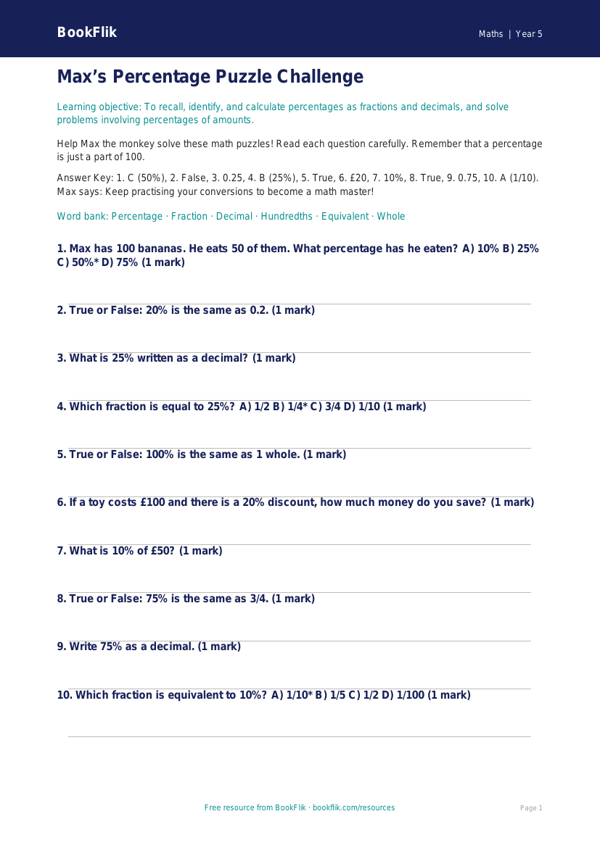Free Percentages Quiz | Grade 4 | Math | BookFlik worksheet preview — Maths Percentages