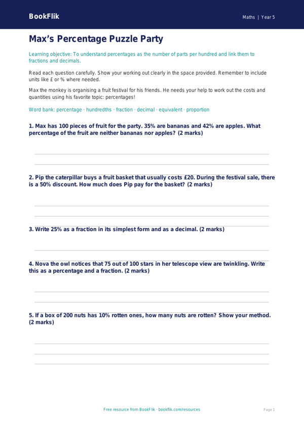 Free Percentages Worksheet | Grade 4 | Math | BookFlik worksheet preview — Maths Percentages