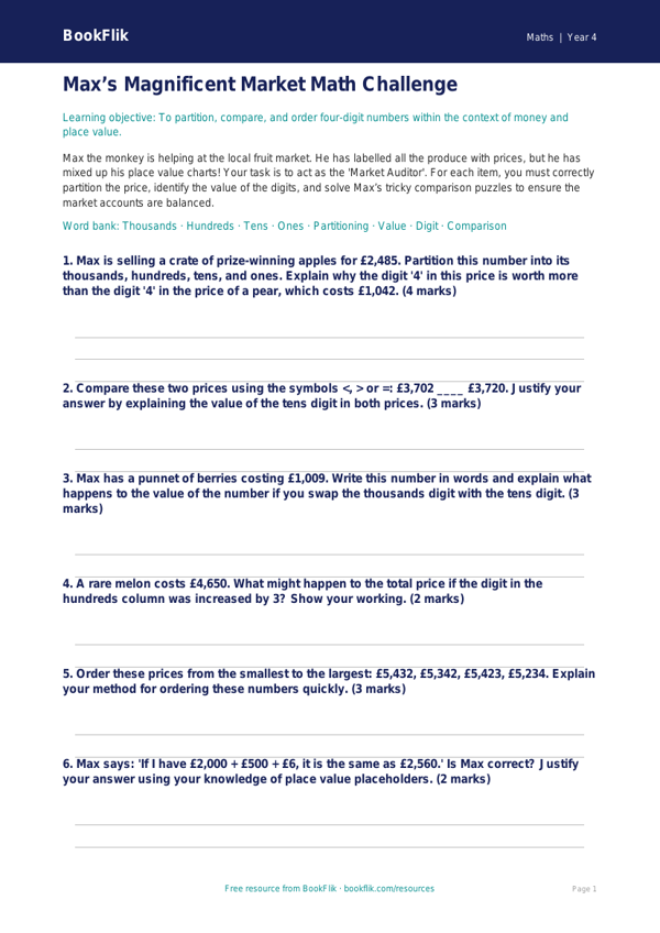Math place value activity sheet grade 3 greater depth worksheet preview — Maths Place Value