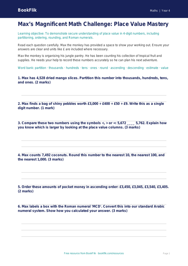 Free Place Value Assessment | Grade 3 | Math | BookFlik worksheet preview — Maths Place Value