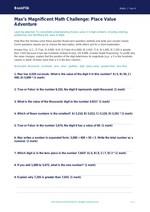 Advanced Place Value Quiz | Grade 3 Math | BookFlik worksheet preview — Maths Place Value