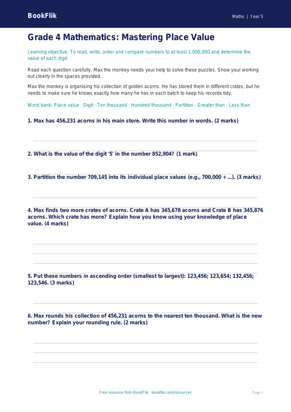 Free Place Value Assessment | Grade 4 | Math | BookFlik worksheet preview — Maths Place Value