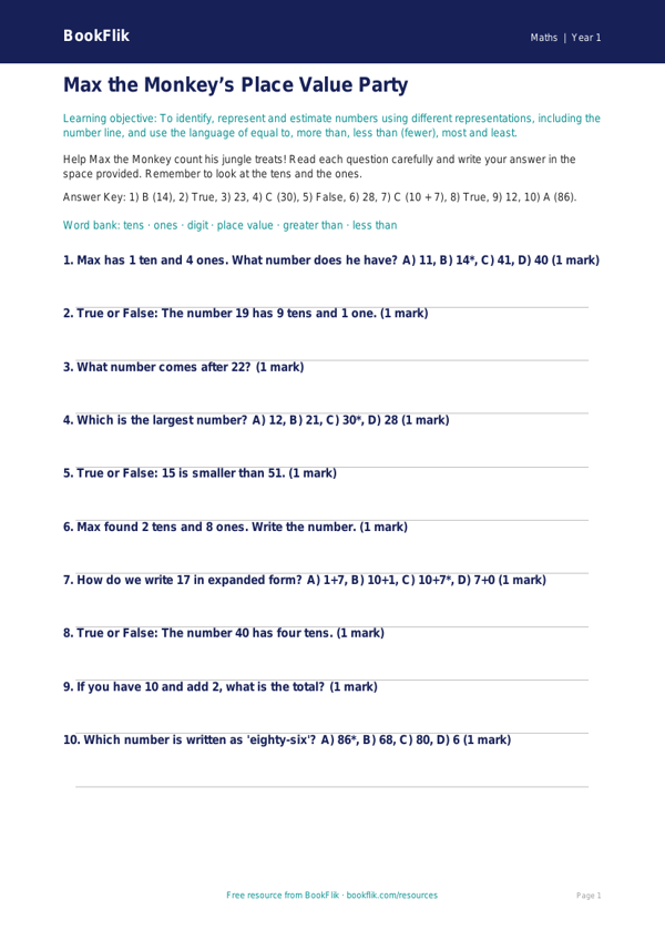 Free Place Value Quiz | Kindergarten | Math | BookFlik worksheet preview — Maths Place Value