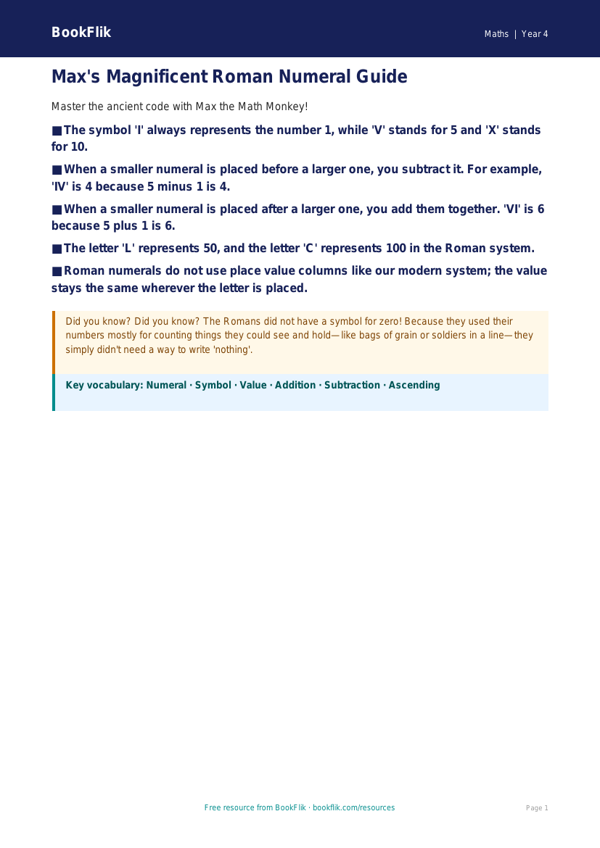 Free Roman Numerals Poster | Grade 3 | Math | BookFlik worksheet preview — Maths Roman Numerals