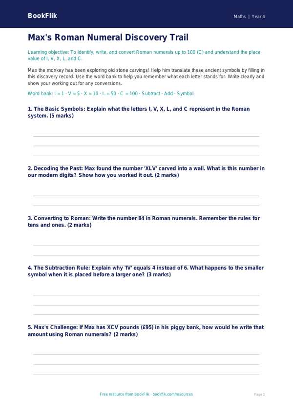 Free Roman Numerals Template | Grade 3 | Math | BookFlik worksheet preview — Maths Roman Numerals