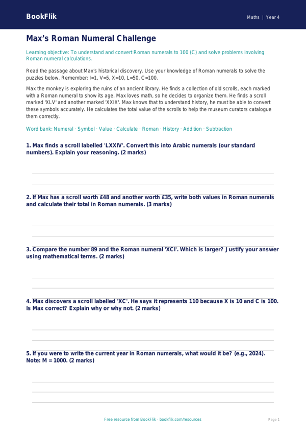 Free Roman Numerals Track Sheet | Grade 3 | Math | BookFlik worksheet preview — Maths Roman Numerals
