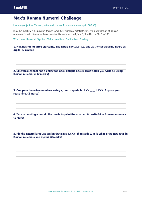 Math roman numerals worksheet grade 3 core worksheet preview — Maths Roman Numerals