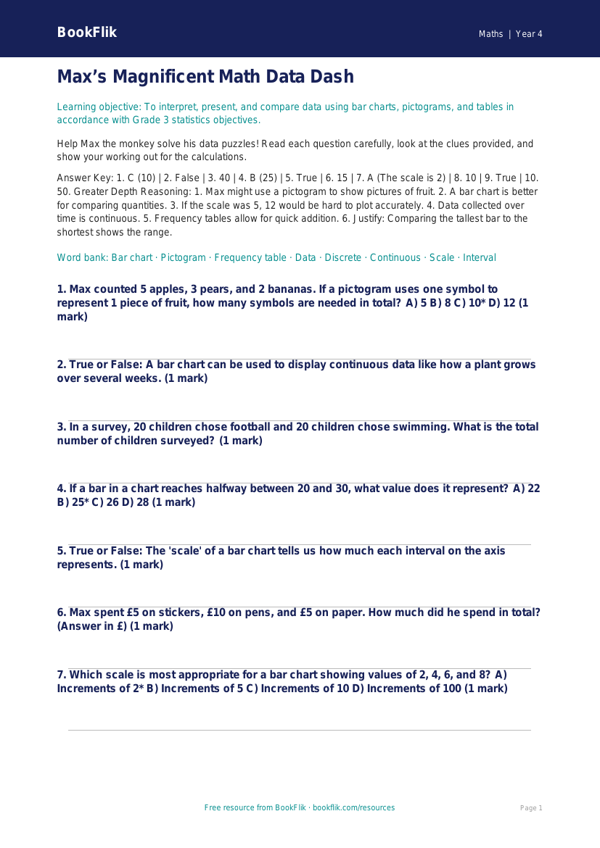 Math statistics quiz grade 3 greater depth worksheet preview — Maths Statistics
