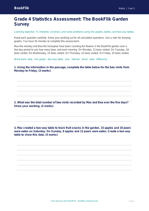 Free Statistics Assessment | Grade 4 | Math | BookFlik worksheet preview — Maths Statistics