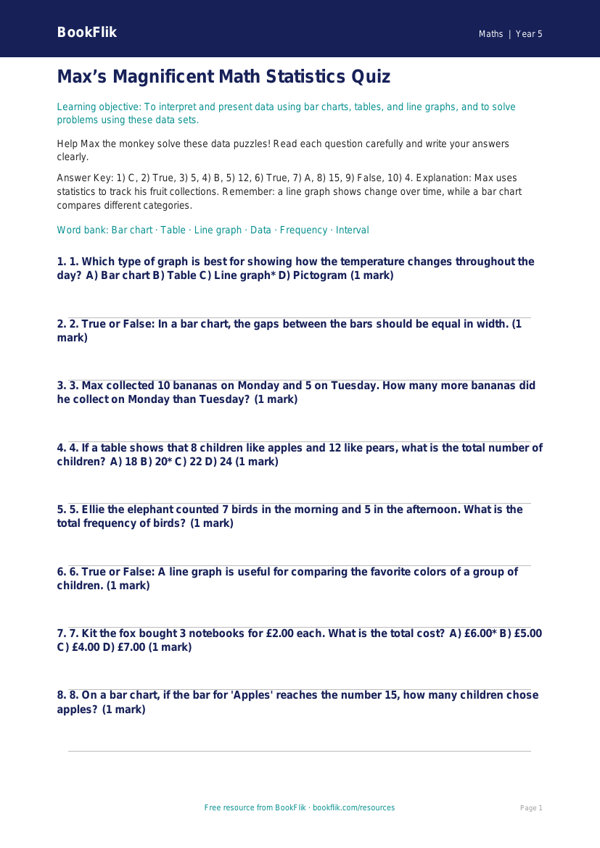 Free Statistics Quiz | Grade 4 | Math | BookFlik worksheet preview — Maths Statistics